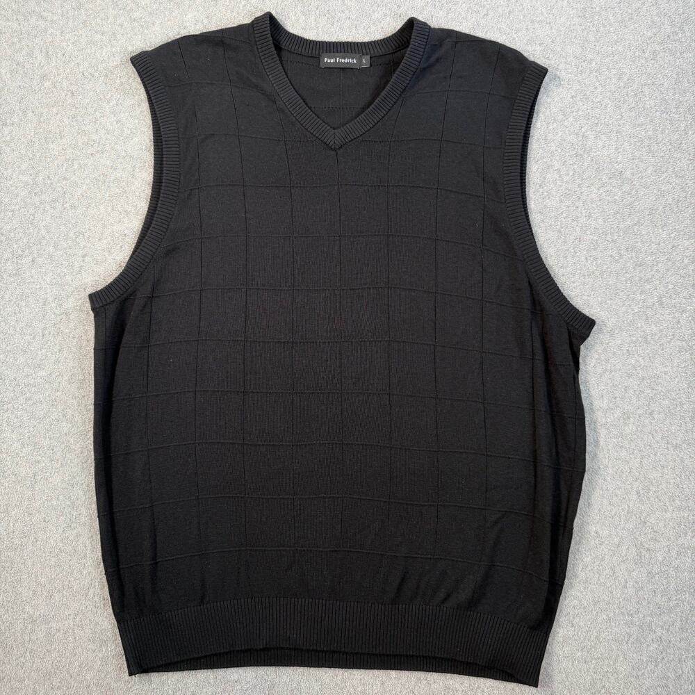 Paul Fredrick Men's Large Black 100% Silk V-Neck Sweater Vest Windowpane Knit